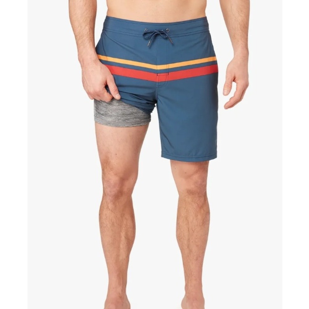 Fair Harbor Mens XL 9" Ozone Swim Trunks Board Shorts Blue Red Stripe Lined EUC